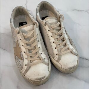 Golden Goose White and Silver Star Sneakers